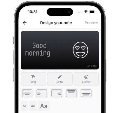 The KEEP app on iPhone — Design your note screen, showing a Good morning preview, the Text/Draw/Sticker tool row and the alignment controls below.