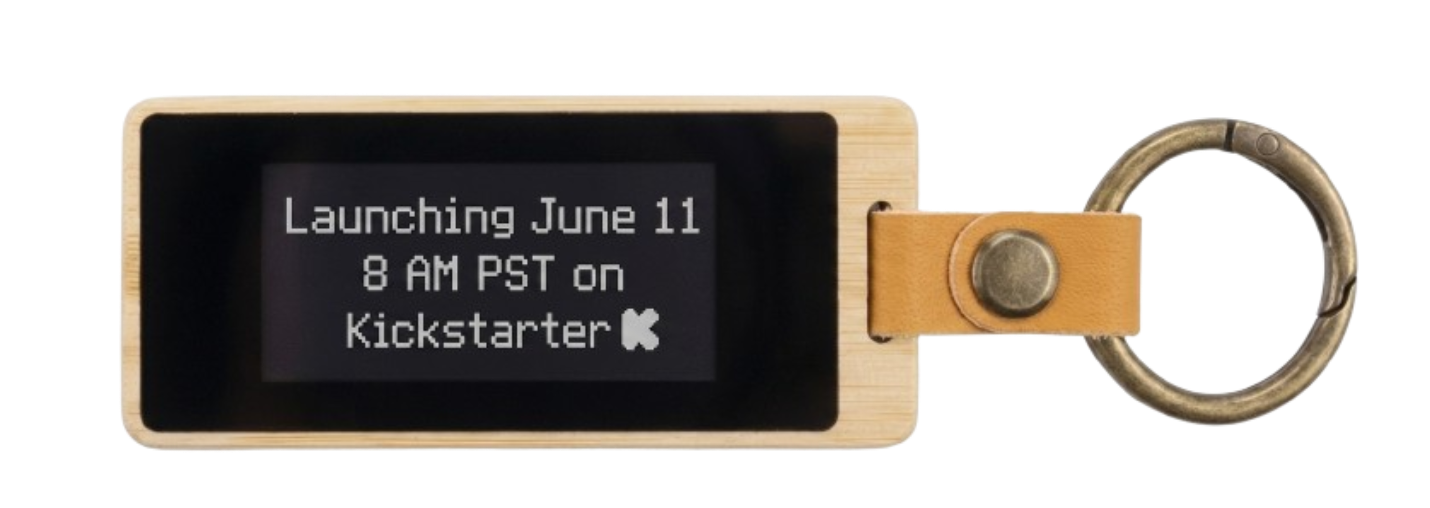 A KEEP bamboo keychain, its e-ink screen reading: Launching June 11, 8 AM PST on Kickstarter