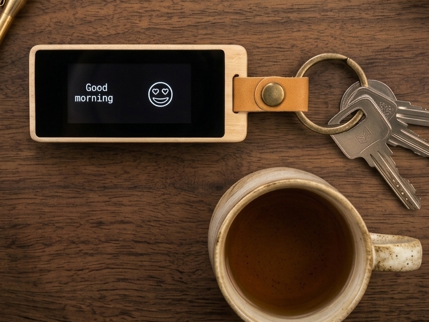 The KEEP keychain on a wooden desk beside a set of keys and a cup of coffee, screen reading 'Good morning'