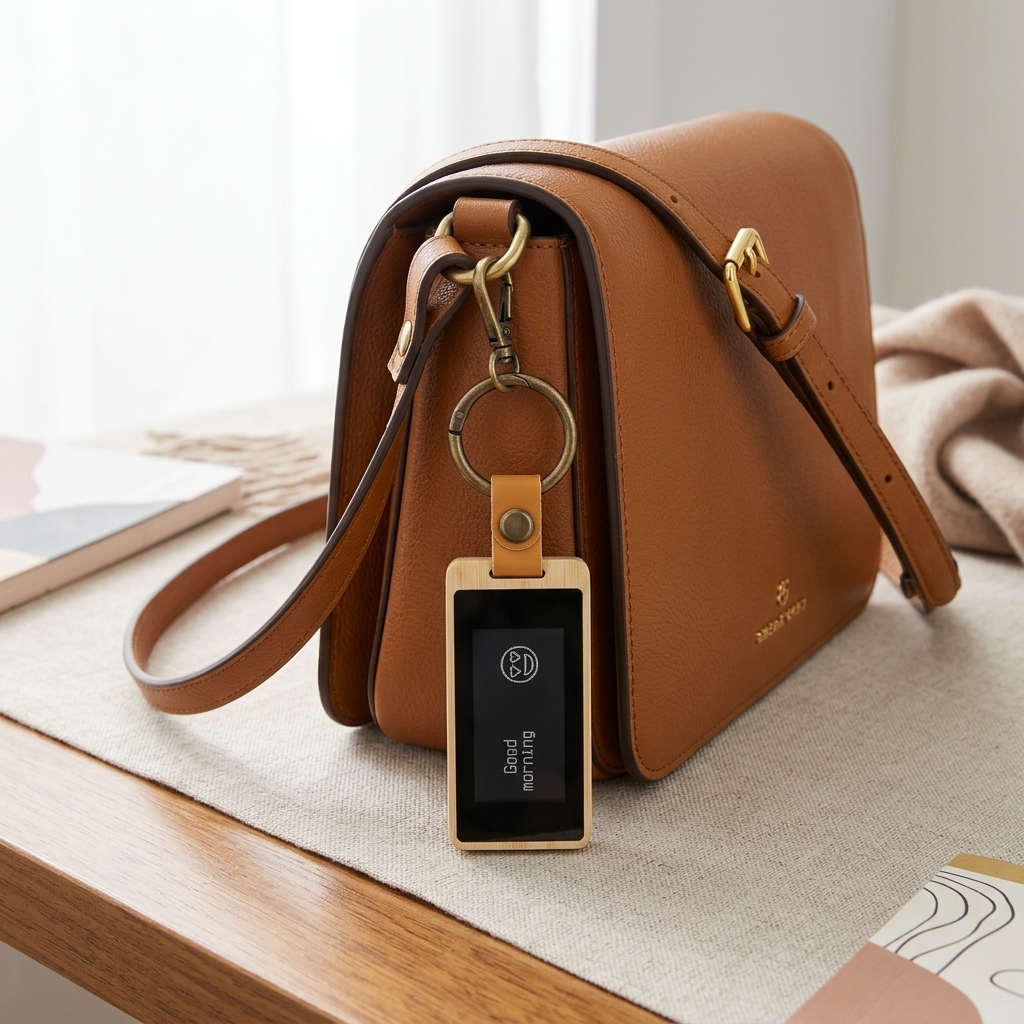 KEEP clipped to the strap of a tan leather crossbody bag, on a linen table runner.
