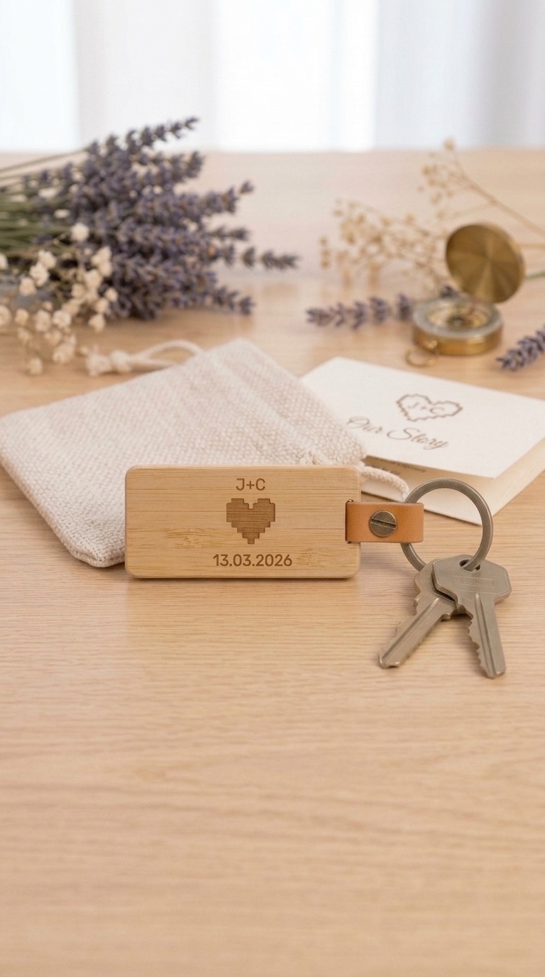 A bamboo KEEP engraved on the back with 'J+C', a pixel heart and the date 13.03.2026, beside lavender and a linen pouch.