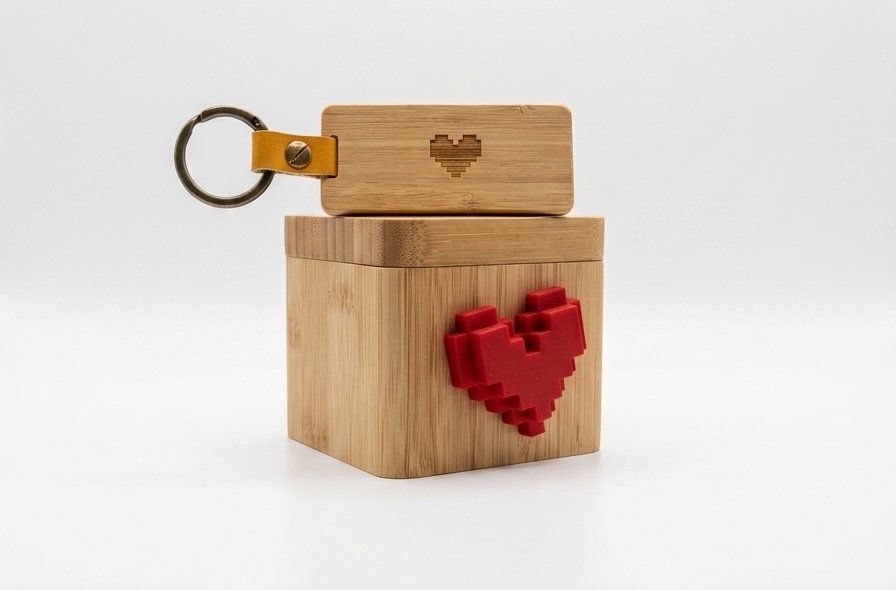 A KEEP keychain resting on the original wooden Lovebox — both sharing bamboo and a pixel heart.