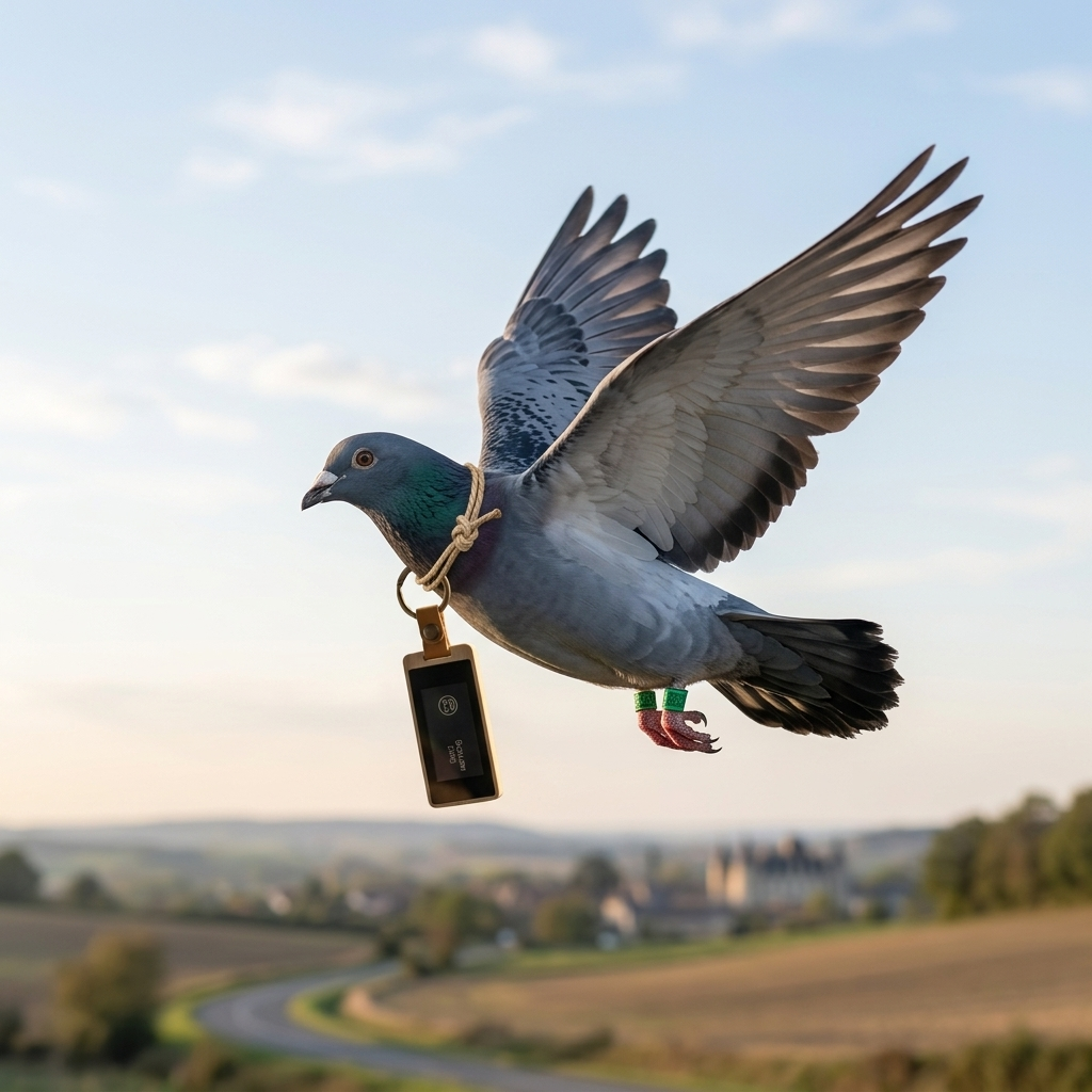 A carrier pigeon in flight over the French countryside, a KEEP keychain hanging from a cord around its neck.