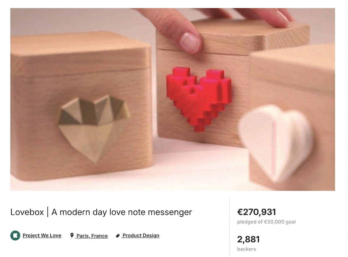 The original Lovebox Kickstarter page from 2017 — €270,931 pledged from 2,881 backers.