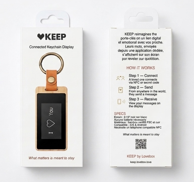 KEEP retail packaging, front and back — a bamboo keychain with 'I love you' on its e-ink screen, 'Connected Keychain Display', and the line 'What matters is meant to stay'.